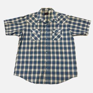 Plains Western Wear Tall Man Blue Plaid Pearl Snap Short Sleeve Shirt Size XLT